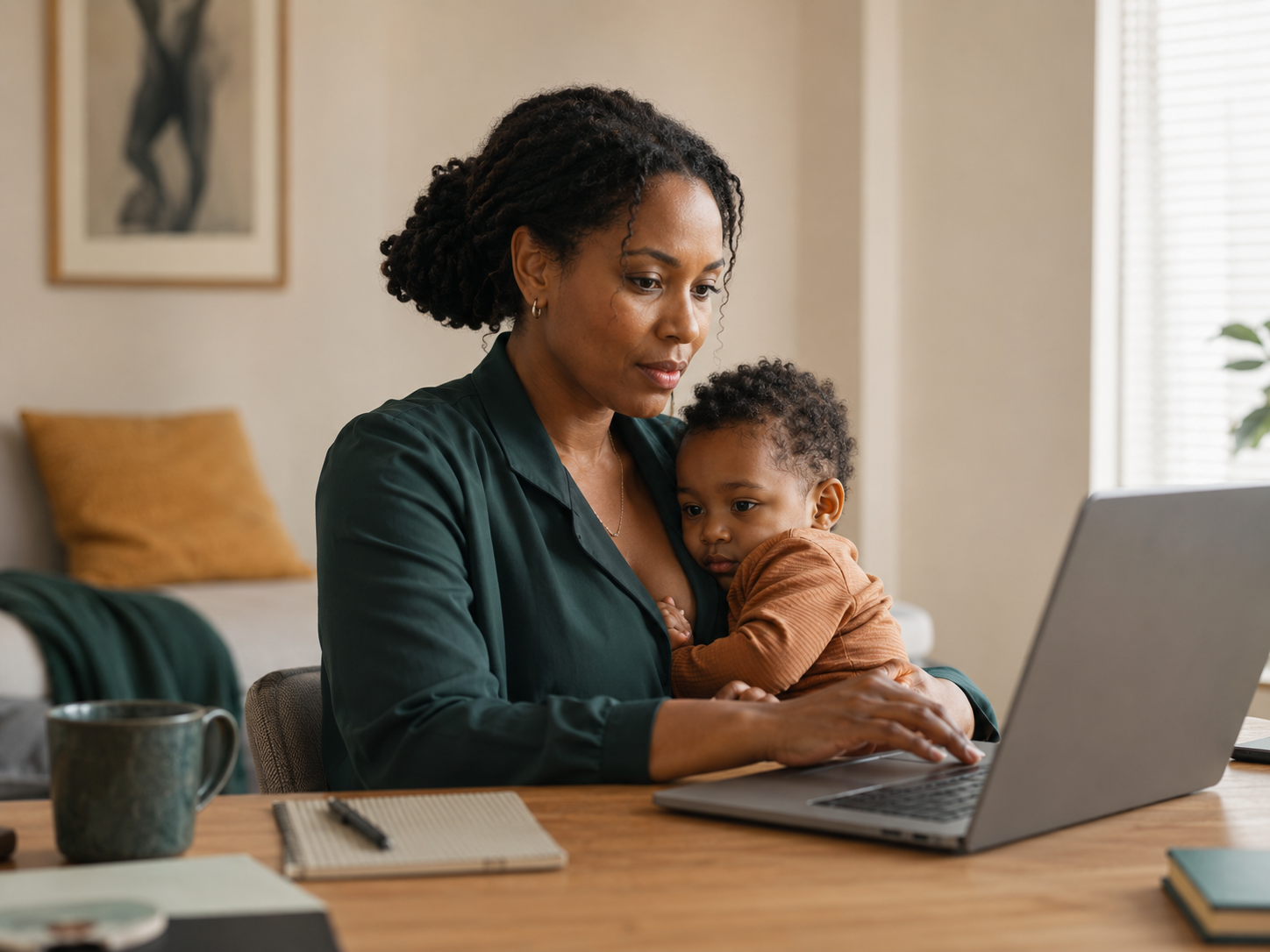 Caribbean professional balancing work and caregiving at home